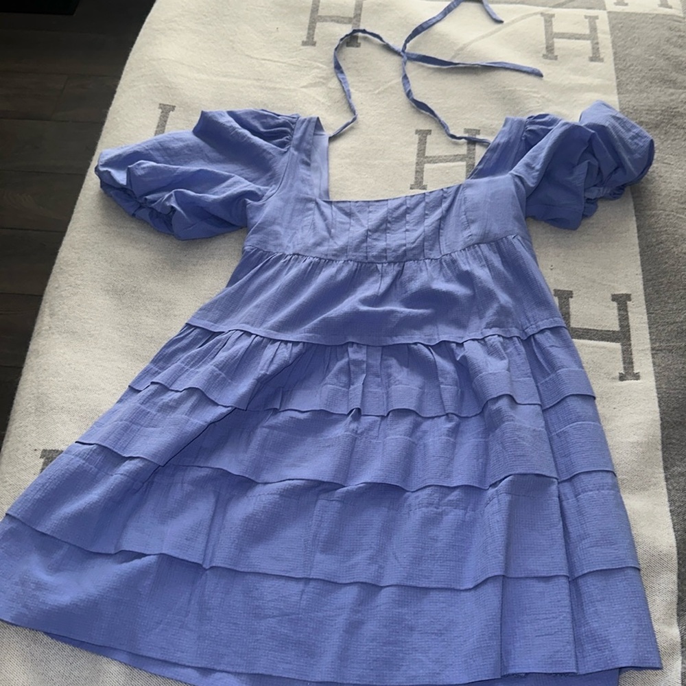blue puff sleeve mini dress by Anthropologie